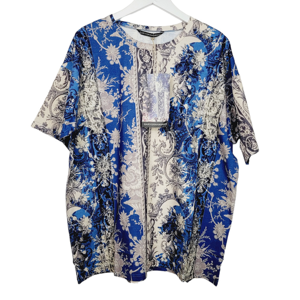 Gary Graham GaryGraham422 Blue Floral Stripe Knit Oversized Tee Shirt M